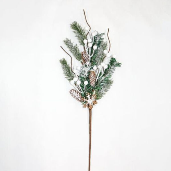 Galho Com Folhas De Pinheiro  Pinhas E Berries Brancas 50cm |